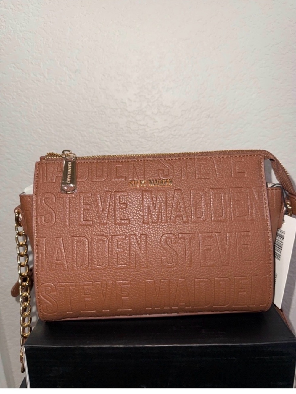 Steve Madden Brown Embossed Logo Crossbody with Gold Chain